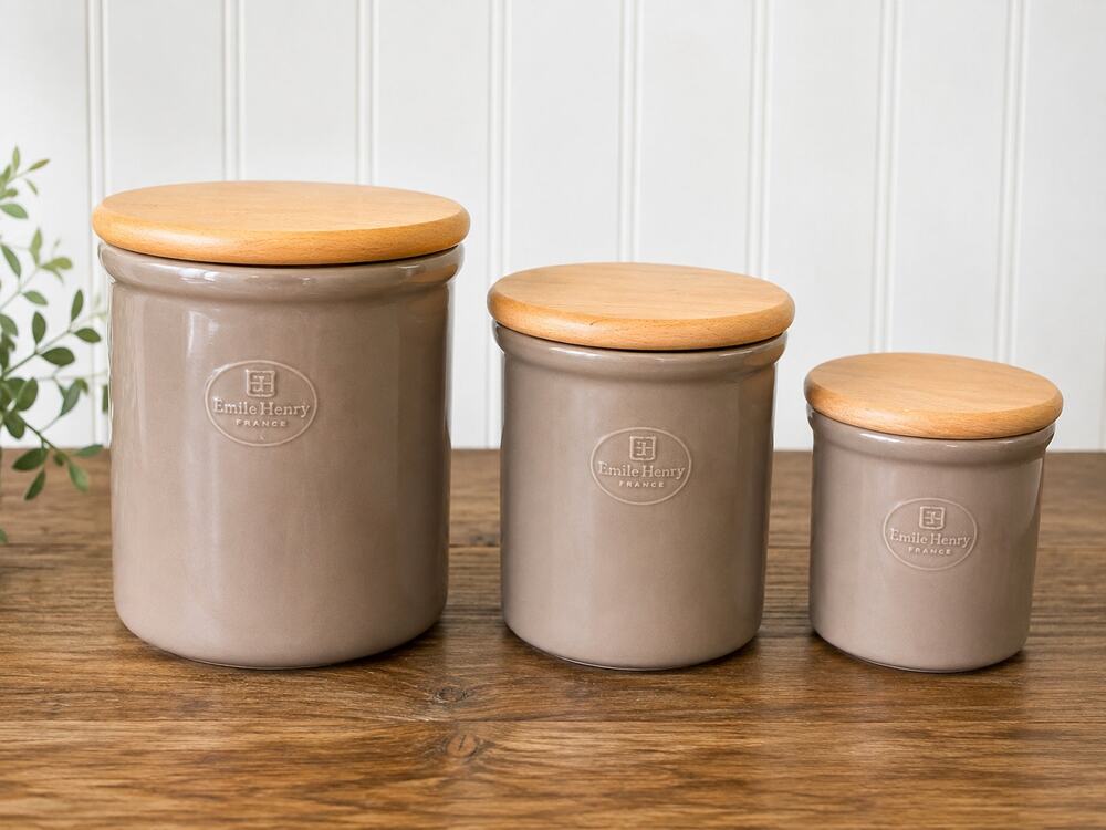 Emile Henry France Ceramic Canister Set of 3 Taupe Stoneware Wood Lids